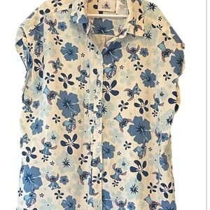 STITCH Disney Blue and White Hawaiian Print Shirt